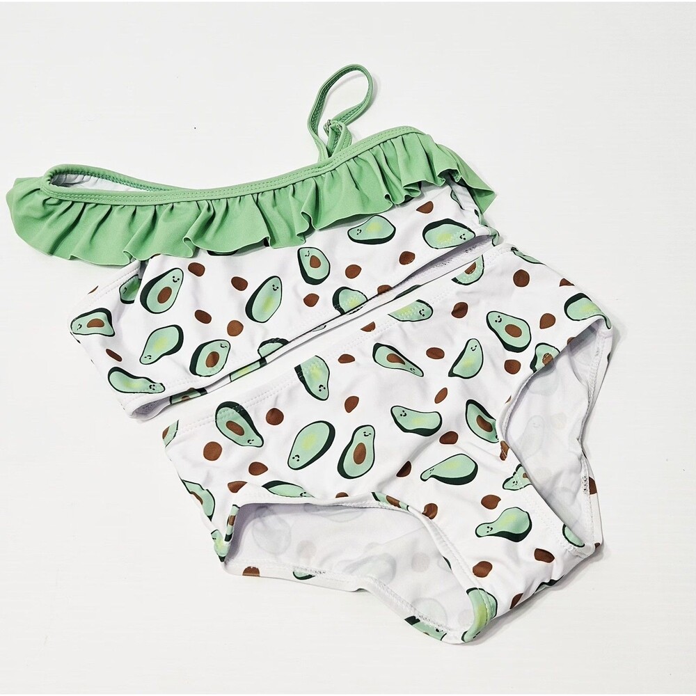 Girl's Avocado Print Bikini 2 pc Set One Shoulder High Waist Size 6/7 NWT